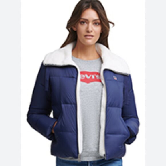 Levi Strauss Women's Puffer Sherpa Jacket Navy Sz M - Picture 1 of 16